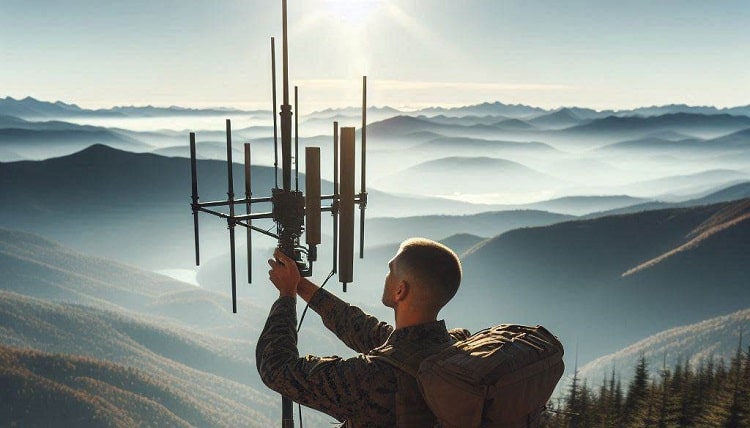 Marines with antenna in mountains