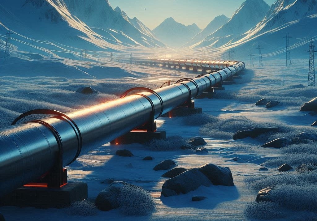 Alpha Antenna systems on a pipeline in remote frigid tundra at daybreak